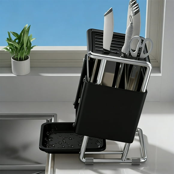 Porta Cuchillos de Cocina Giratorio de Acero Inoxidable, Organizador Multifuncional con Bandeja de Agua, Negro o Blanco, 24x16x12cm