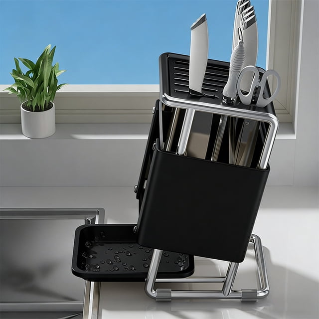 Stainless Steel Knife Holder, Kitchen Knife Rack, Countertop Knife Organizer, Multifunctional Knife Storage, Rotatable Knife Holder, Kitchen Scissors Organizer, Water Tray Rack
