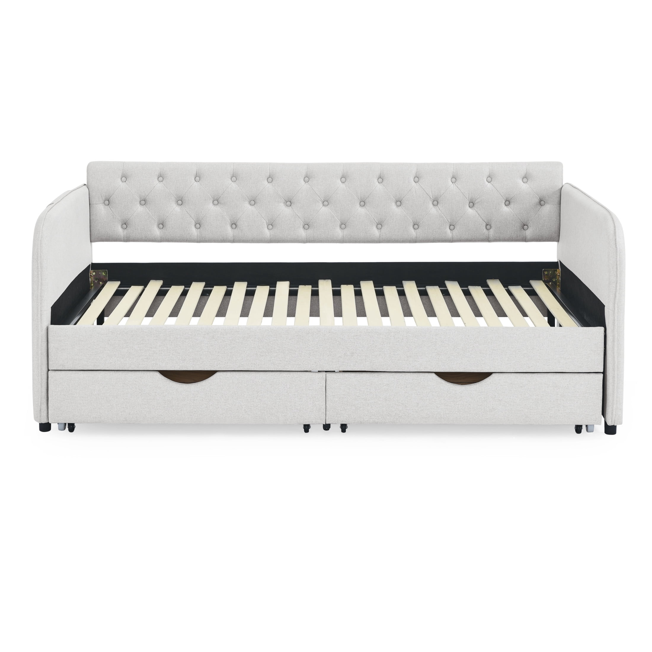 Noble House Nevaeh Twin Upholstered Linen Daybed, Extendable Twin to King Trundle Bed Frame with Storage Drawers, Beige