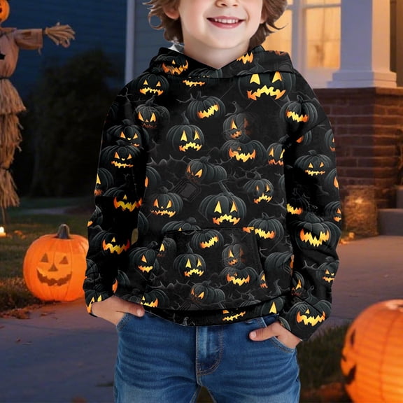 HCYSFG Boys Halloween Hoodies Pumpkin Print Long Sleeve Sweatshirt Kangaroo Pocket Classic Winter Pullover Top