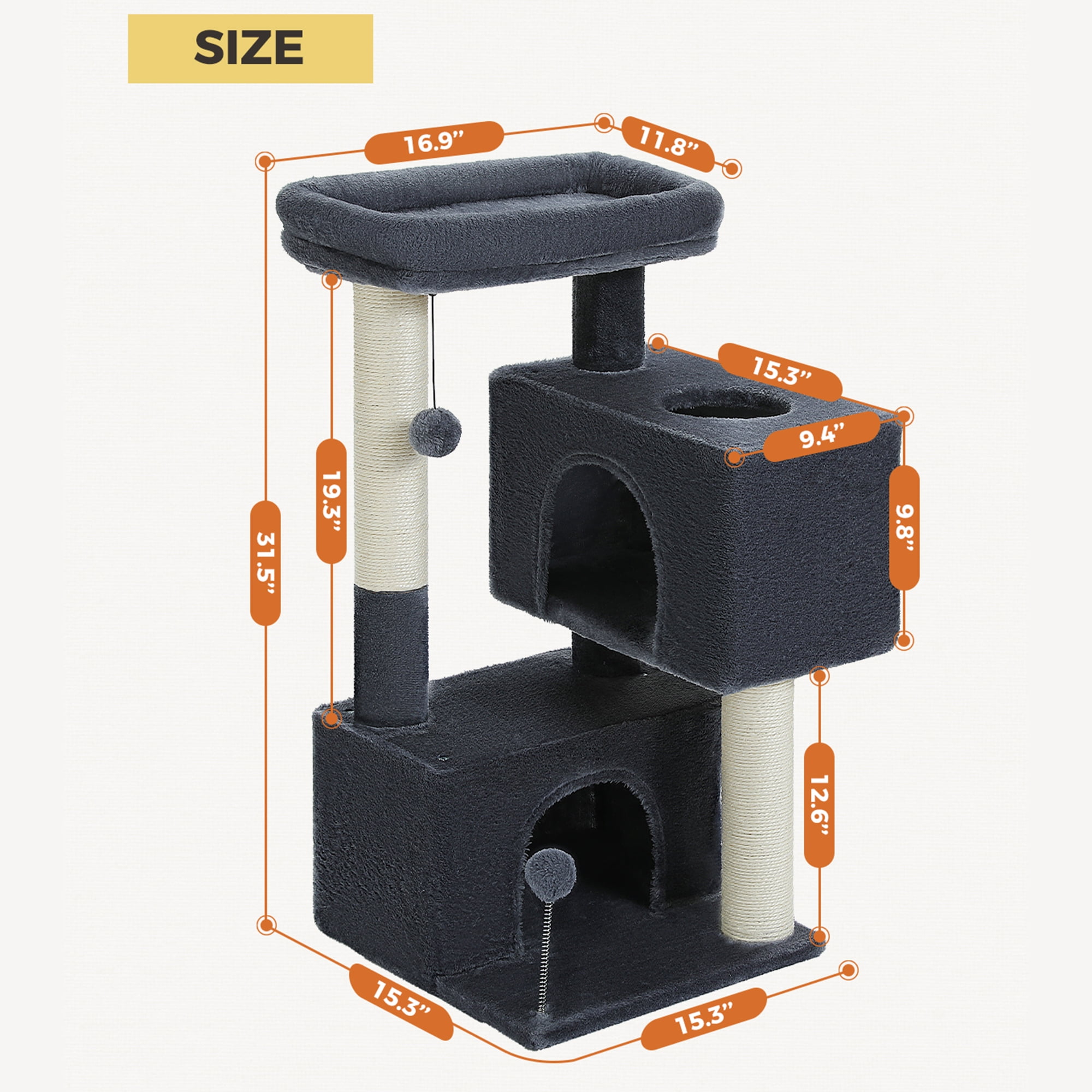 Pefilos 31" Multi-Level Cat Tree Tower, Cute Sisal Play House Climber Activity Centre Furniture with Scratching Posts Hammock Dangling Ball, Dark Gray Pefilos 31" Multi-Level Cat Tree Tower, Cute Sisal Play House Climber Activity Centre Furniture with Scratching Posts Hammock Dangling Ball, Dark Gray