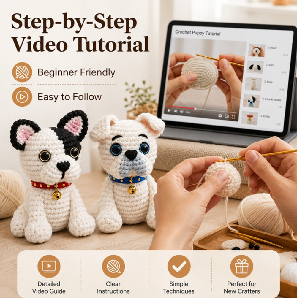 2 Pack French Bulldog Crochet Kit for Beginners, Dog Amigurumi Starter Set with Step by Step Video Tutorials, TIKA