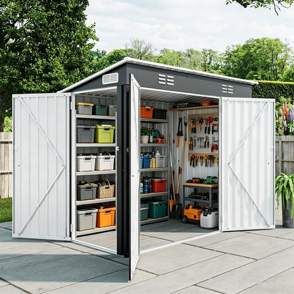 Seizeen 4x8FT Outdoor Storage Shed, Weatherproof Galvanized Steel Garden Tool Shed w/ 3 Lockable Doors, Air Vents, Sloped Roof, Outdoor Utility Shed for Bikes, Patio Equipment & Lawn Tools, Black
