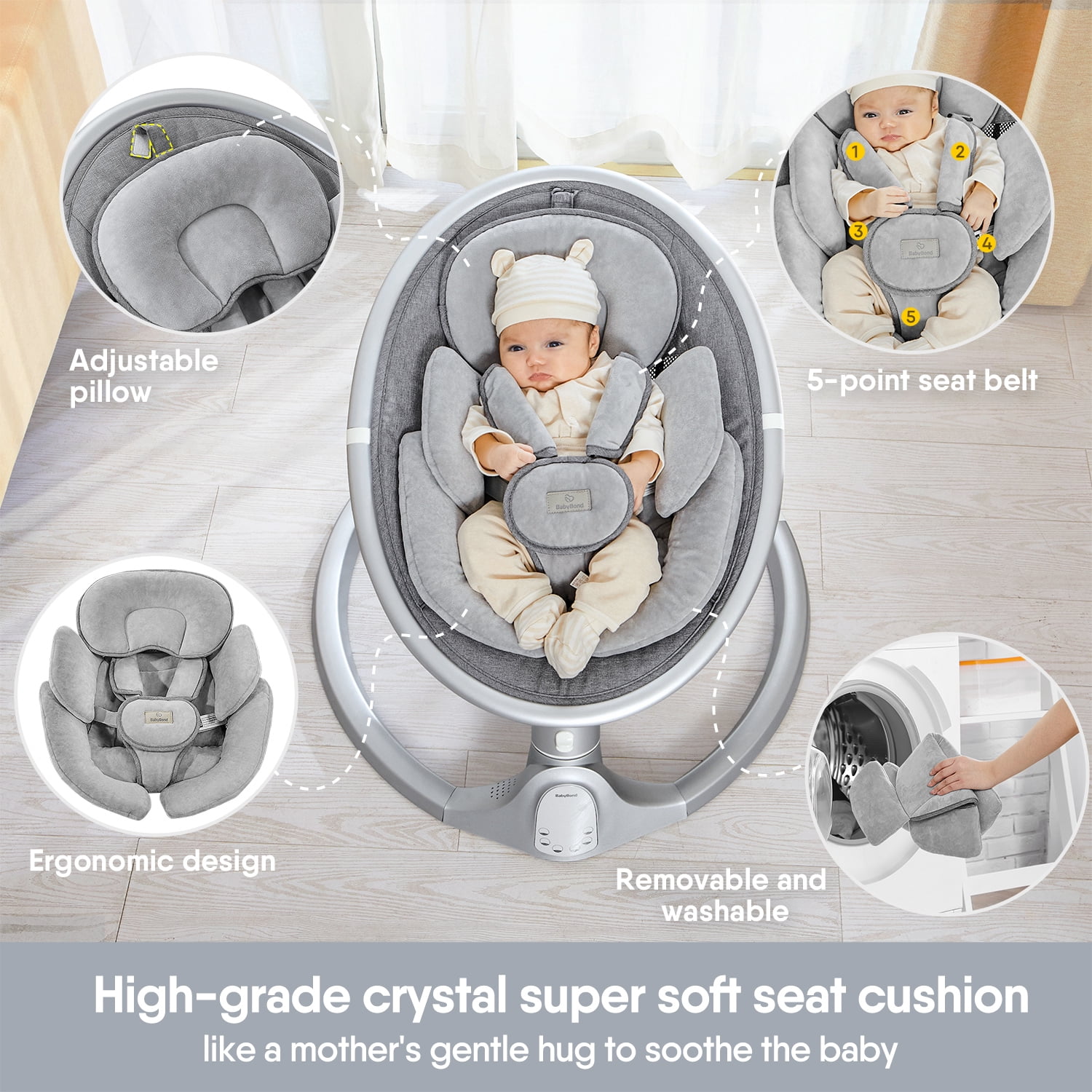 Baby Swing for Infants, Portable Swing for Baby Boy Girl,Remote Control Indoor Baby Rocker with 5 Sway Speeds,1 Seat Positions,10 Music and Bluetooth