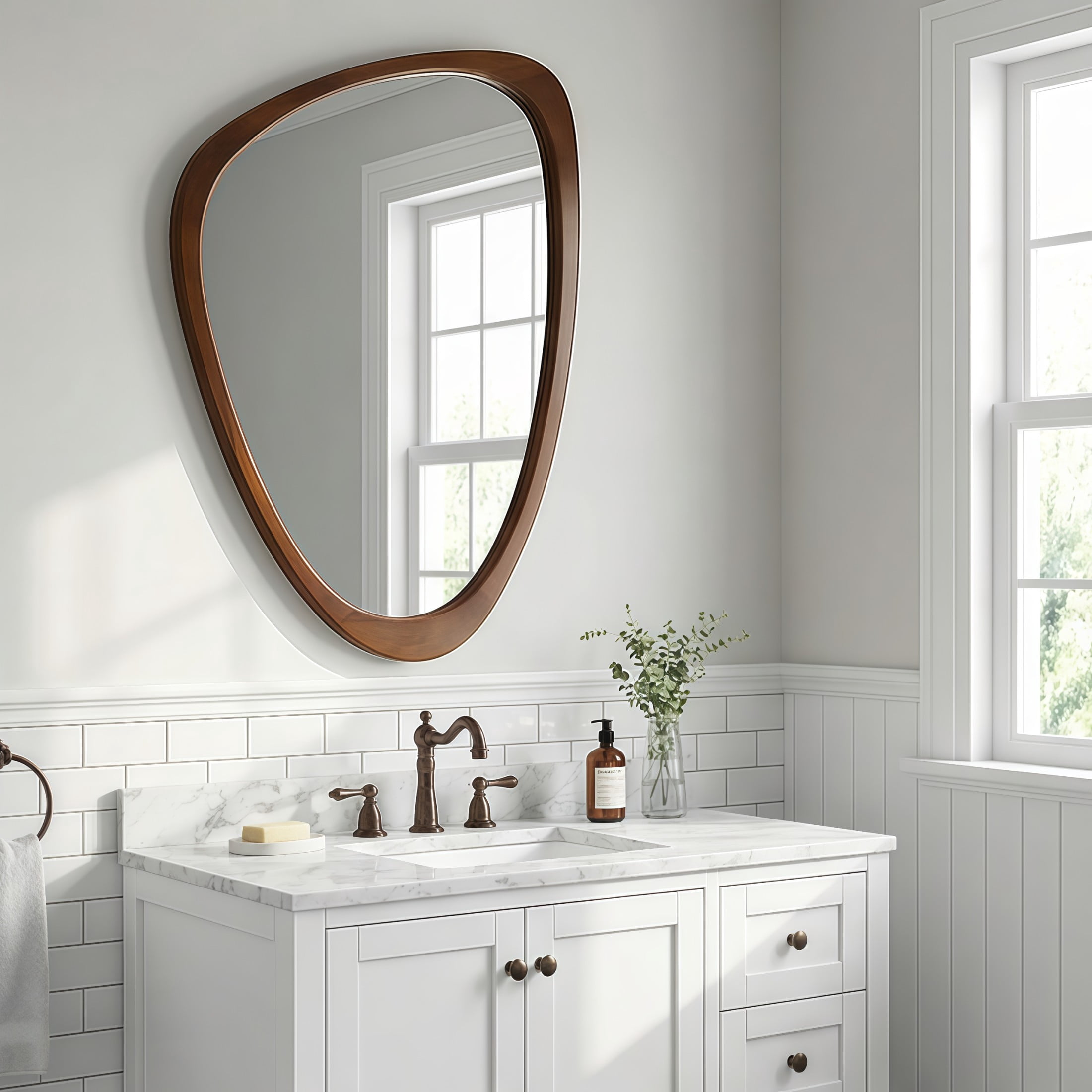 Noble House 20"x30" Irregular Solid Wood Wall Mirror, Modern Asymmetric Decorative Accent Bathroom Mirror, Walnut