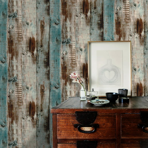 Haokhome Vintage Woods Panel Wallpaper Rolls Blue Brown L And Stick Wall Paper Murals Barnwood 17 7 X 19 7ft Com - Barnwood Wallpaper For Walls