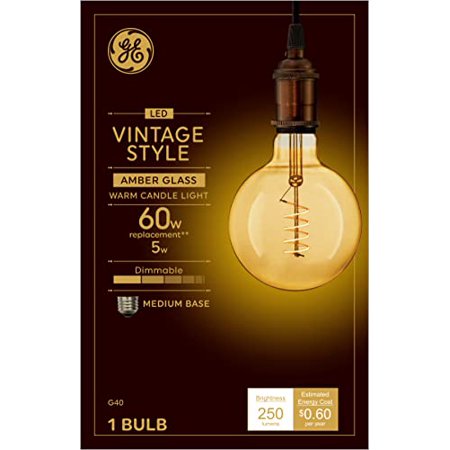 

GE Vintage Style LED Globe Light Bulb 5 Watts (60 Watt Equivalent) Warm Candle Light Amber Glass Medium Base Dimmable (1 Pack)