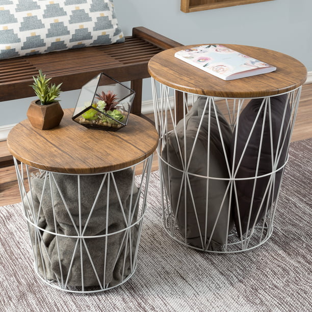 Magnificent pictures of end tables Nesting End Tables With Storage Set Of 2 Convertible Round Metal Basket Veneer Wood Top Accent Side For Home And Office By Lavish White Walmart Com