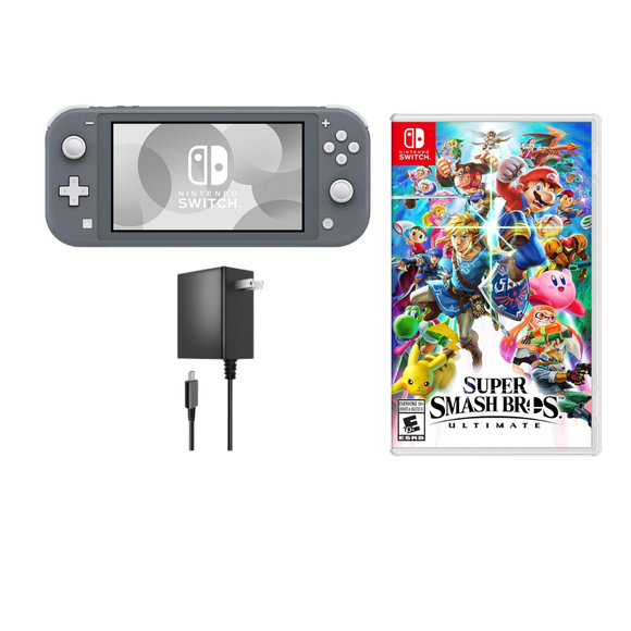 Nintendo Switch Lite Handheld Console Gray Refurbished Bundle with Super Smash Bros. Ultimate Game