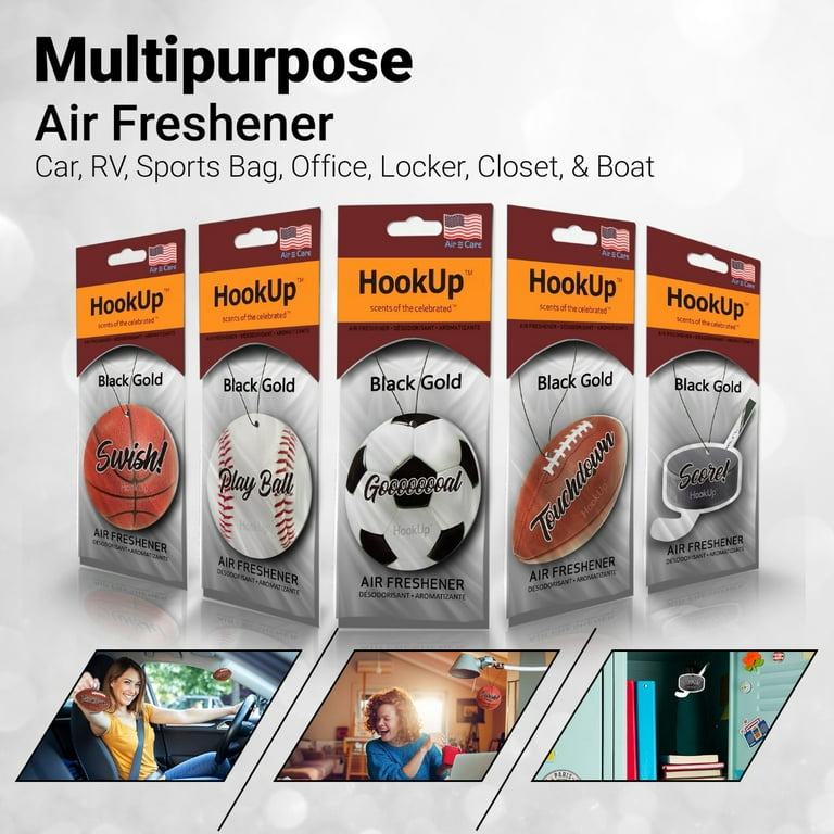 Hookup Car Air Fresheners - 5 Pack of Sports Themed Hanging Car Air Freshener | Fresh and Unique Black Gold Long Lasting Fragrance for Car, Home