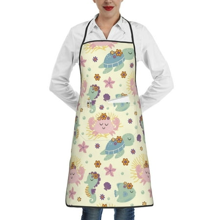 

Lukts Turtle Crab Sea Horse Pattern Kitchen Apron Waterdrop Resistant Apron with adjustable Aprons for Women and Men with Pockets Cooking Apron