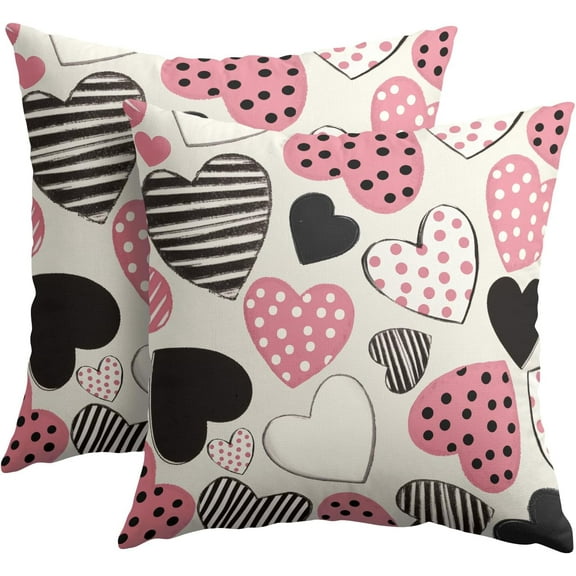 Valentines Day Pillow Covers 18x18 Inch Black and Pink Heart Outdoor Decorative Throw Pillow Covers Set of 2 Valentine''s Day Pillowcases Farmhouse Cushion Covers for Couch Sofa Decor