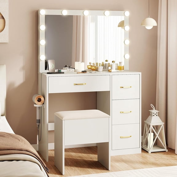 CHARMAID Vanity Desk with Mirror and Lights, White Makeup Vanity Table with 4 Drawers, Storage Stool, Charging Station, Adjustable 3-Color Lighting, Modern Bedroom Dressing Table