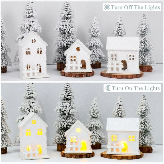OFFIGAM Wood Christmas Cabin Decoration Set, White Glowing Tabletop Decor, 3 Pieces, Year-Round Holiday Home