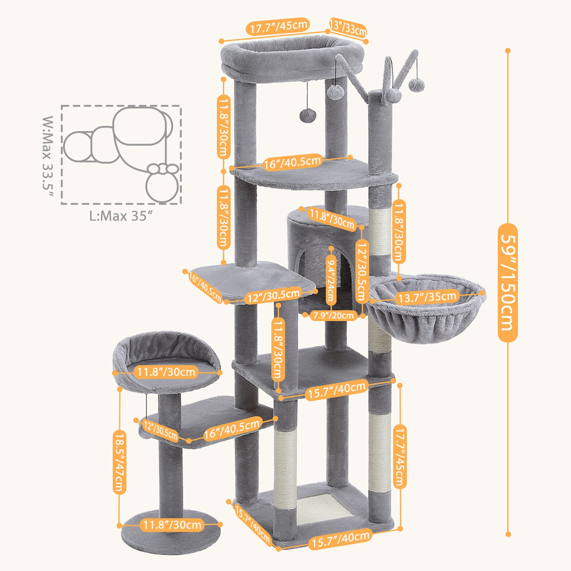 Pefilos 59" Multi-Level Cat Tree House with Large Hammock, Scratching Post, 2 Perches, Cat Tower with 3 Removable Pompom Sticks, Cat Condo, Gray Pefilos 59" Multi-Level Cat Tree House with Large Hammock, Scratching Post, 2 Perches, Cat Tower with 3 Removable Pompom Sticks, Cat Condo, Gray