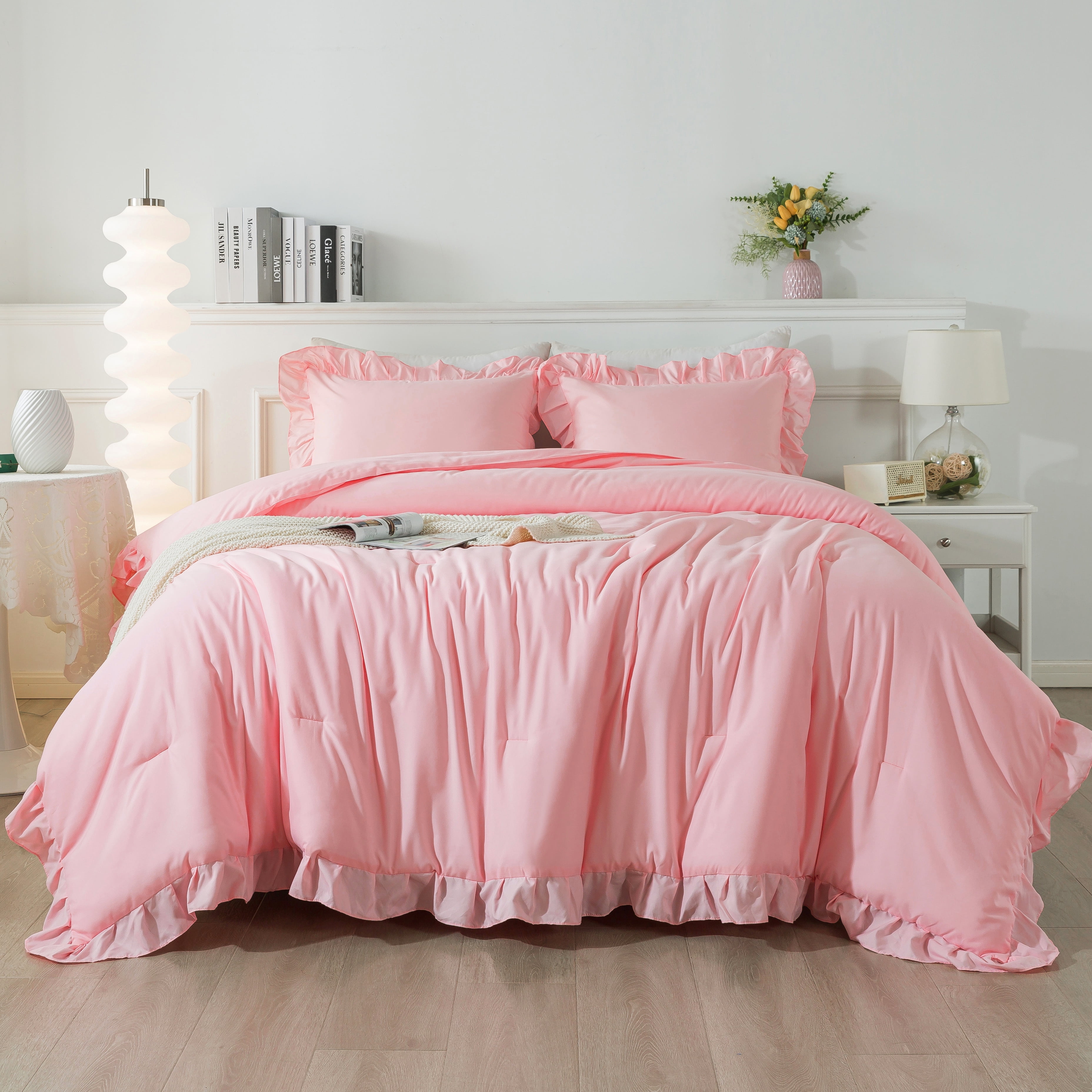 ANGENIA Pink Full Size Comforter Set, 3 Pieces Solid Farmhouse Ruffle Bedding Comforter Set, All Season Soft Lightweight Microfiber Bed Set for Women Girls