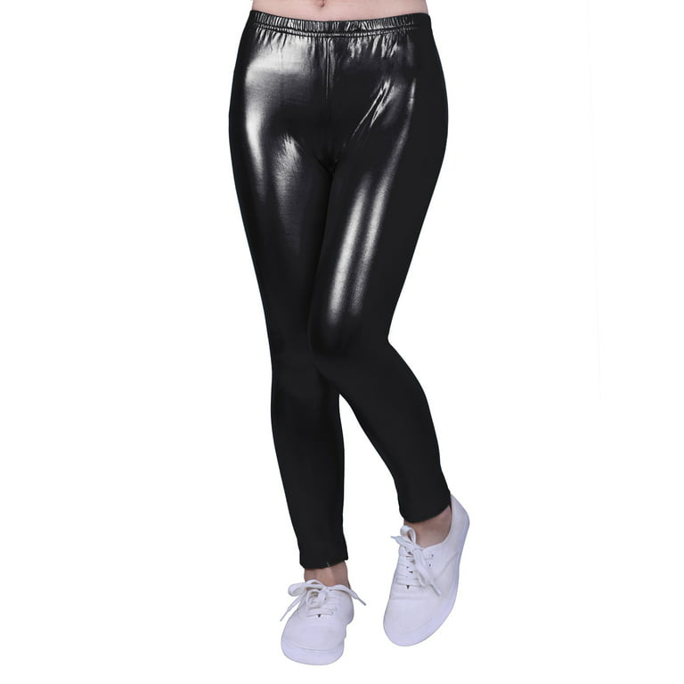 HDE Girls Shiny Wet Look Leggings Kids Liquid Metallic Footless Tights  (4T-12) (Black, 6/6X)