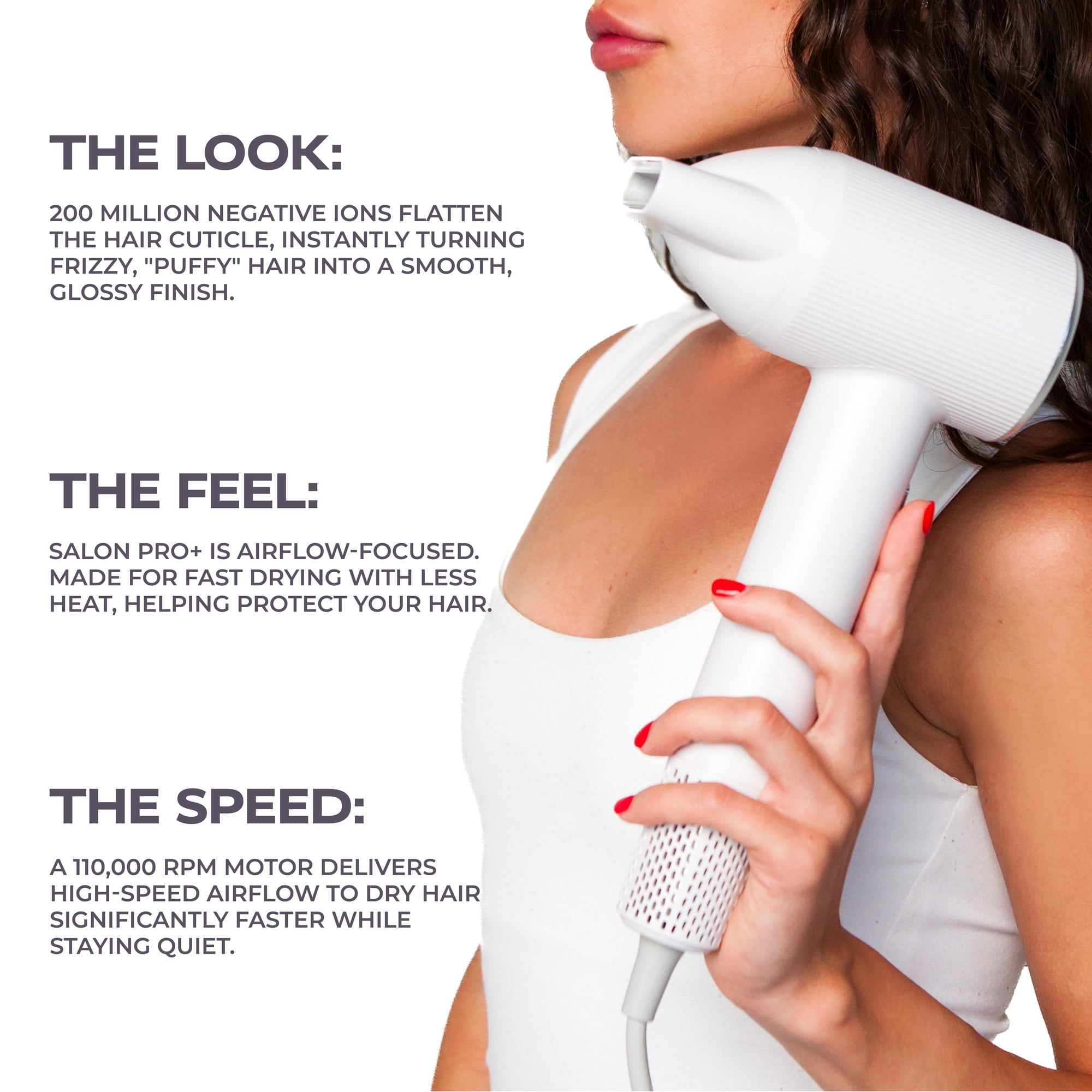 KENZZI Salon Pro+ Ionic Hair Dryer, 1300W High-Speed 110,000 RPM Brushless Motor with LED Display, White