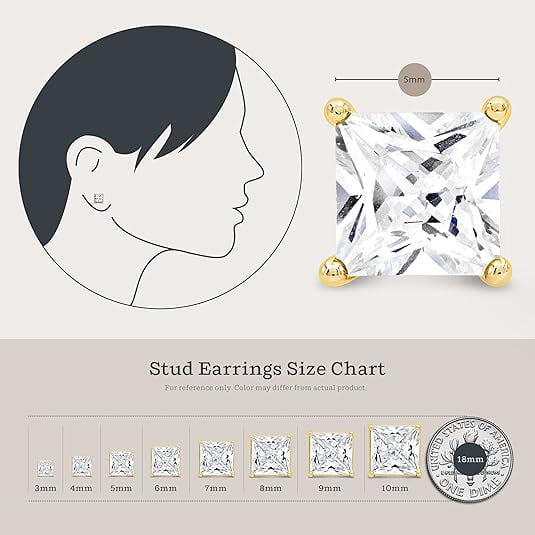 Kezef 5mm Square CZ Stud Earrings, 18K Gold-Plated 925 Sterling Silver, Cubic Zirconia Earring Studs, Hypoallergenic for Women