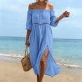 thumbnail image 2 of Eawtki Women's Off The Shoulder Three Quarter Sleeve Maxi Dress Eyelet Trim With Slit Loose Fit Casual Linen Blend Summer Dress, 2 of 7
