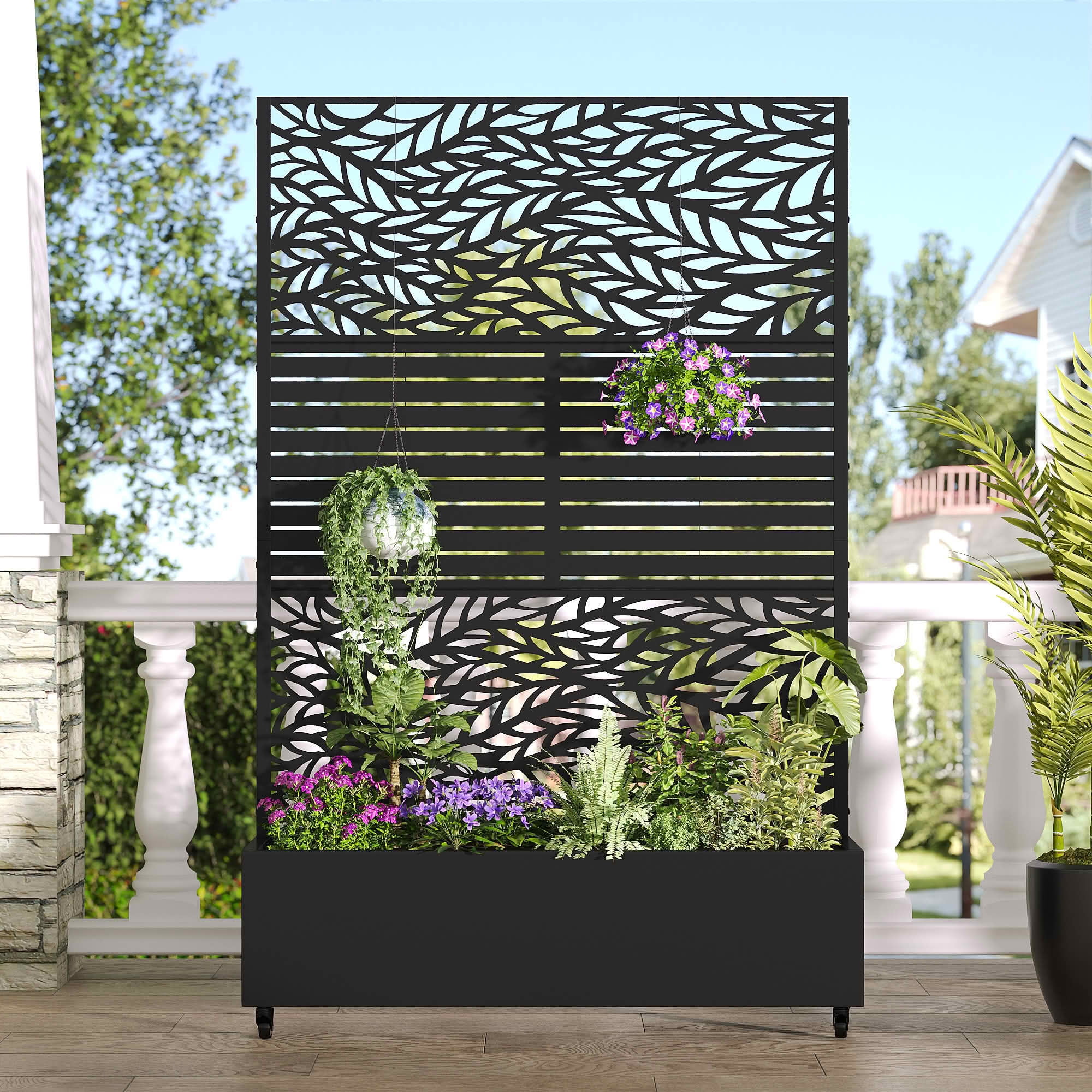 MAYEERTY 72x47x16 Inch Black Metal Planter Box with Trellis for Outdoor Garden & Patio