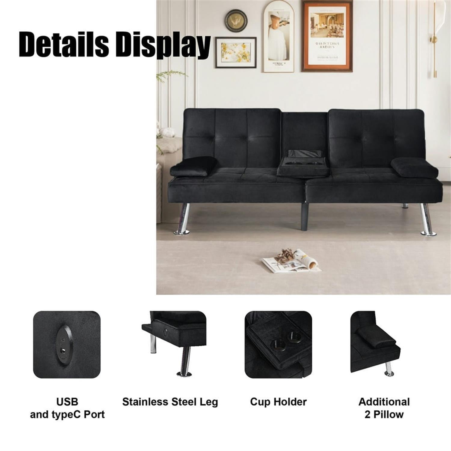 Demi Bonn Futon Sofa Bed, Velvet Futon Couch for Living Room, Recliner Sleeper Sofa with 2 Cup Holders, Removable Armrests, Metal Legs, Black