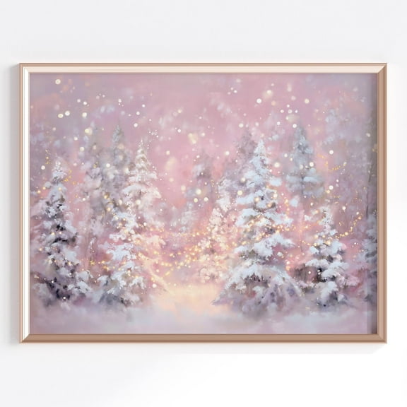 Whimsical Winter Wall Art, Pink Winter Forest With Snow Covered Trees And Sparkling Lights, Pastel Decor Home Decor UNFRAMED Poster, Wall Art for Decor, Present, 8x12