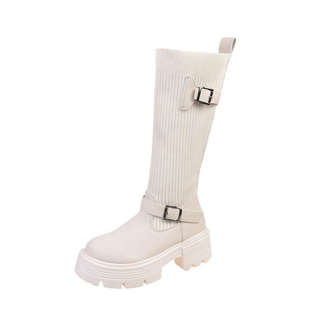 

Qufokar Womens Fashion Knee High Boots Women S Mid Calf Winter Snow Boots Women Mid Calf Boots Autumn And Winter Fashion Knit Belt Buckles Decoration Comfortable Round Toe Thick Square Heels