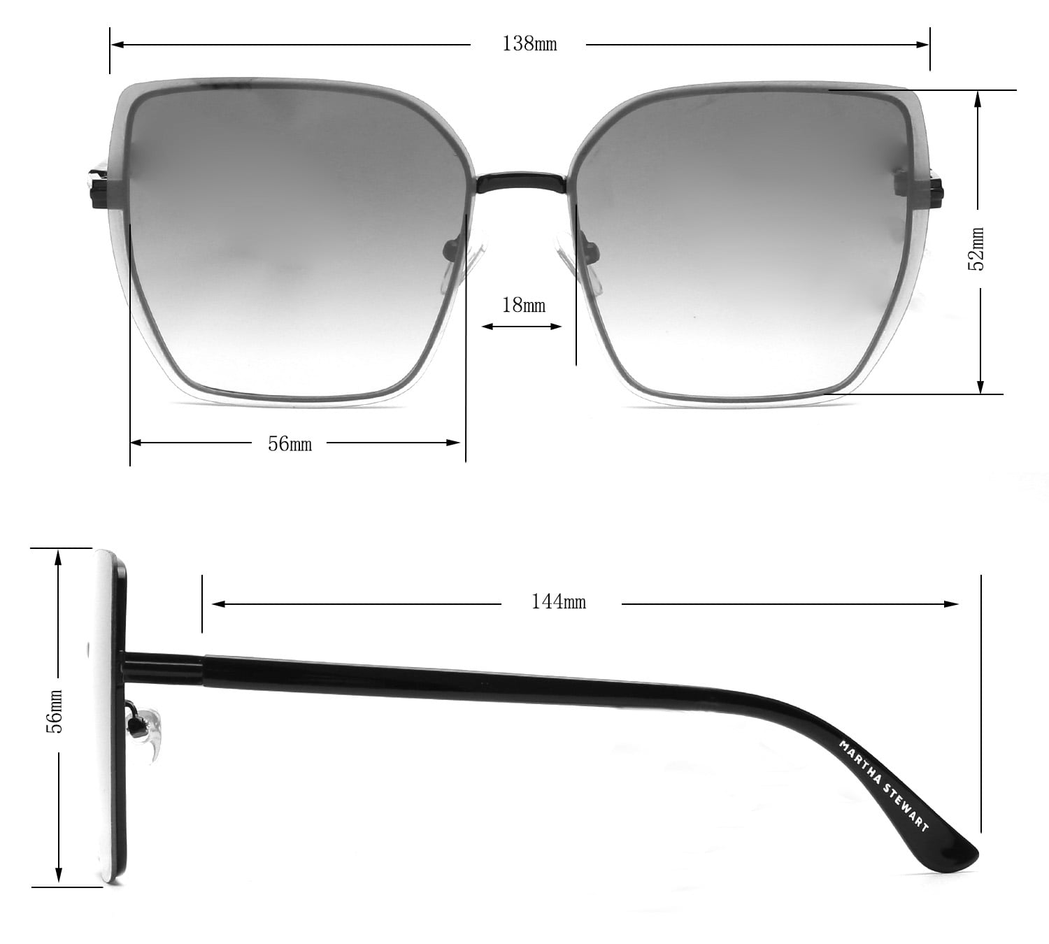 Martha Stewart Women's MS180 Geometric Metal UVA and UVB Protective Square Cat Eye Fashion Sunglasses, 56mm