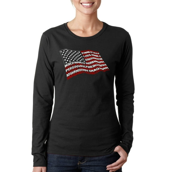 LA Pop Art Women's Word Art Long Sleeve T-Shirt - American Wars Tribute Flag