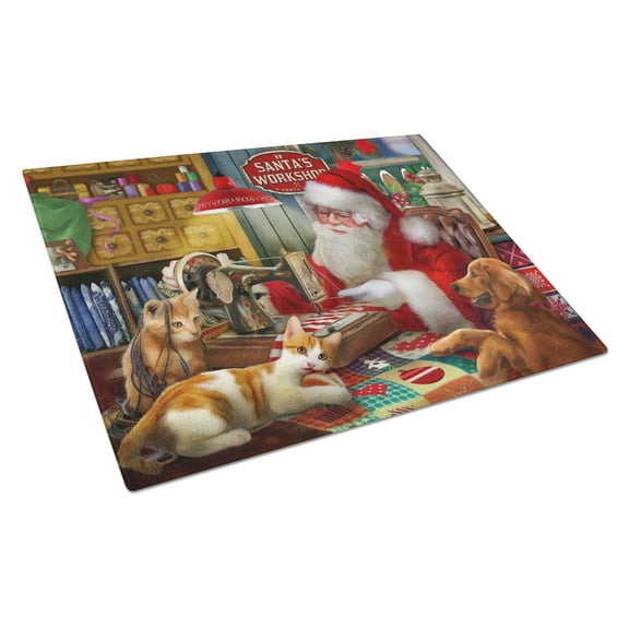 Carolines Treasures PTW2067LCB Santas Workshop, Golden Retriever and Cats Glass Cutting Board Large, 12H x 16W,