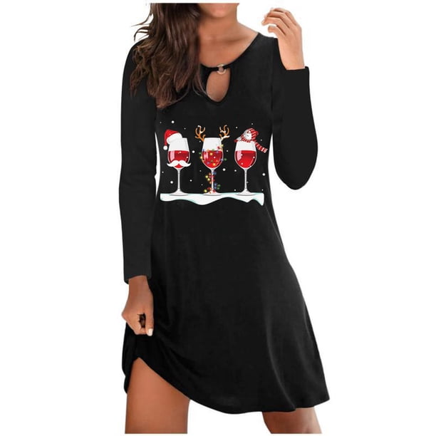 Vestido de jersey de manga larga con cuello redondo informal a la moda con estampado navideño sexy para mujer Pompotops hdfakjf1018