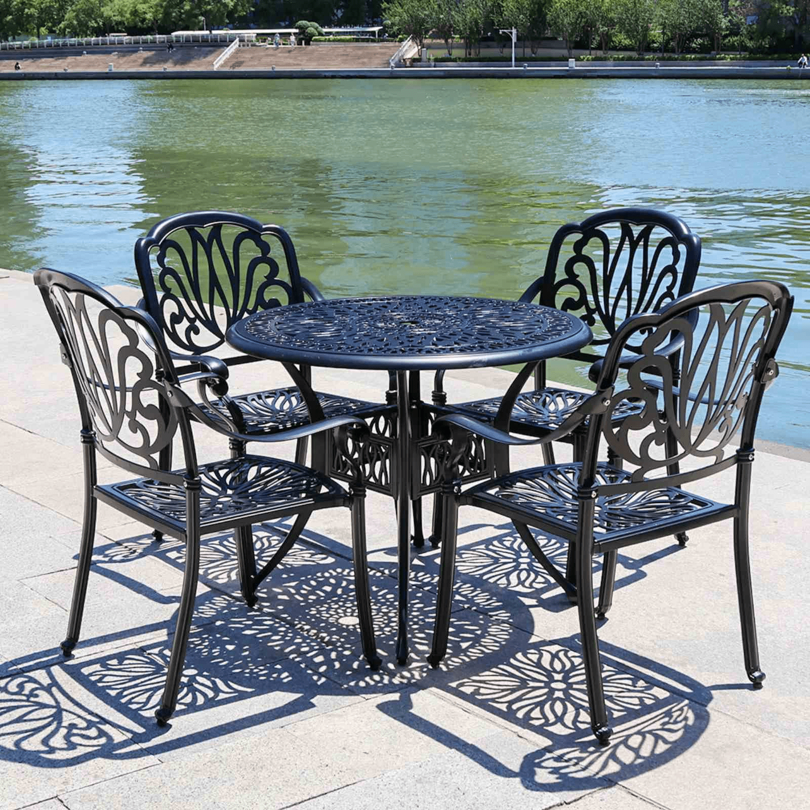 PATIO-IN Set of 2 Cast Aluminum Outdoor Dining Chairs, Stackable Arm Chairs, All-Weather Bistro Seats for Patio, Balcony, Garden, Black
