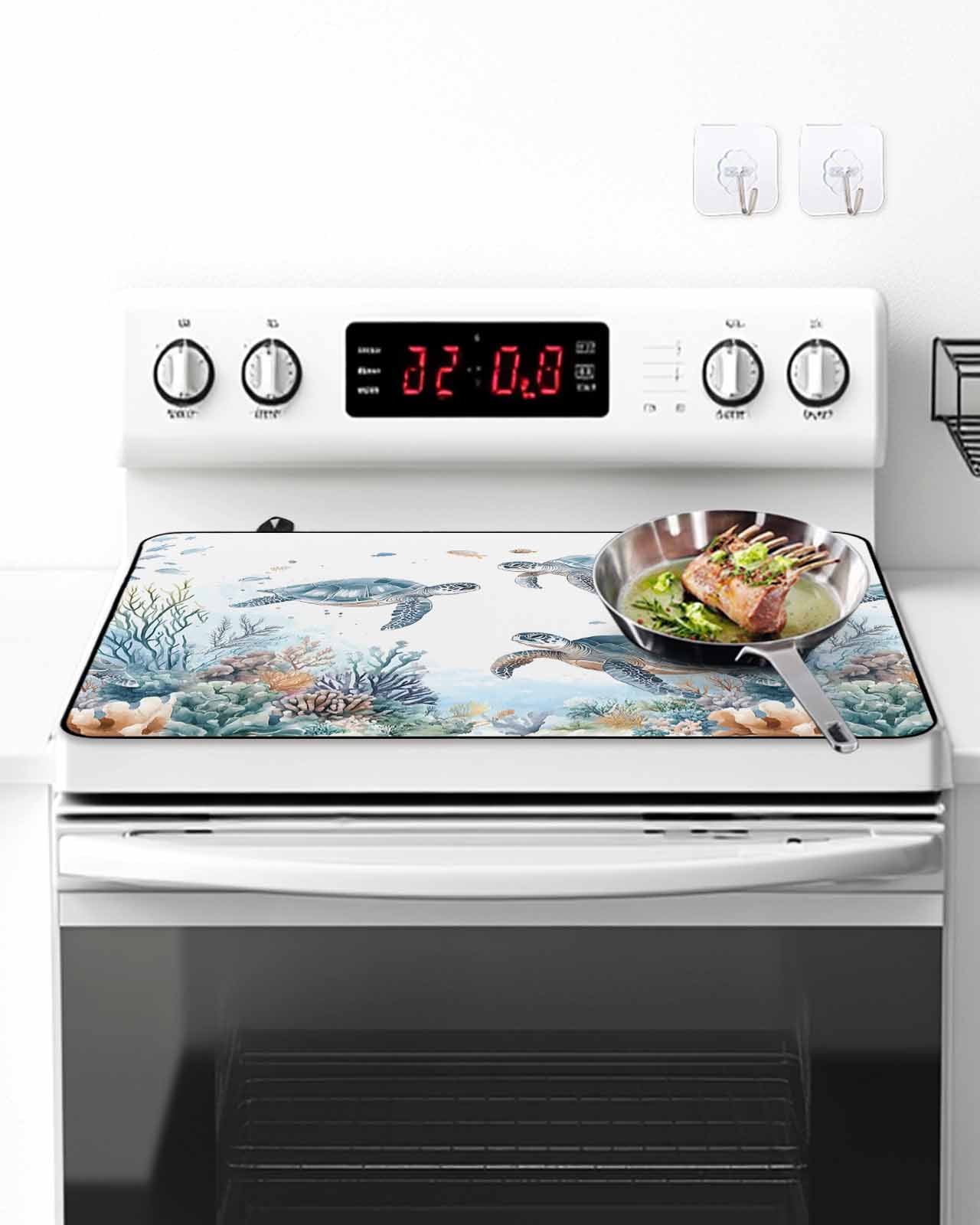 Stove Top Covers for Electric Stove, Sea Turtle Coastal Glass Stovetop Cover Protector, Summer Beach Coral Ocean Blue Nautical Induction Cooktop Protector Oven Mat for Kitchen Countertop 24"x21"