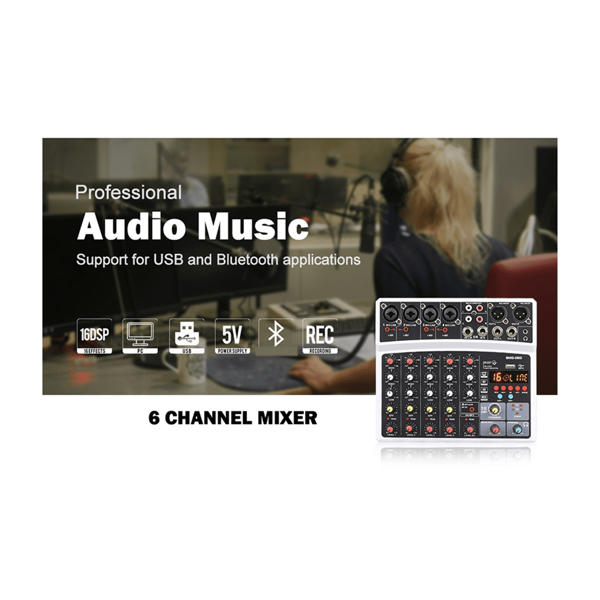 Portable 6 Channel Audio Mixer Mixing Console USB Interface Sound Card with 99- 48V Phantom Power US Plug