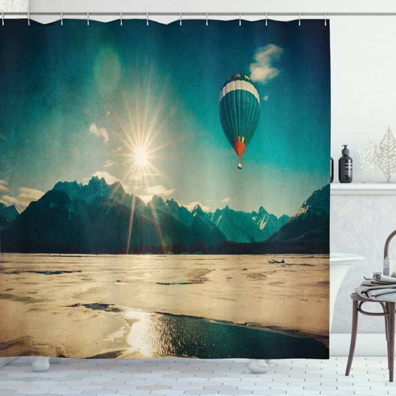 Sunburst Shower Curtain, Alaskan Winter Landscape with a Hot Air Balloon and Rising Sun, Fabric Bathroom Set with Hooks, 69W X 75L Inches Long, Dark Teal and Pastel Brown, by Ambesonne