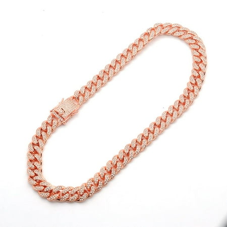 Miami Men Women Rock Street Rhinestone Punk Hip Hop Fashion Cuban Necklace Men Bracelets Thick Chain Jewelry Accessories ROSE GOLD NECKLACE-45 CM