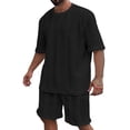 thumbnail image 2 of AWARDER Men's Summer 2-Piece Set, Knitted Solid Color Jacquard Short Sleeve T-Shirt and Casual Shorts, Breathable Lounge Outfit For Spring and Summer Season,Black,L, 2 of 9
