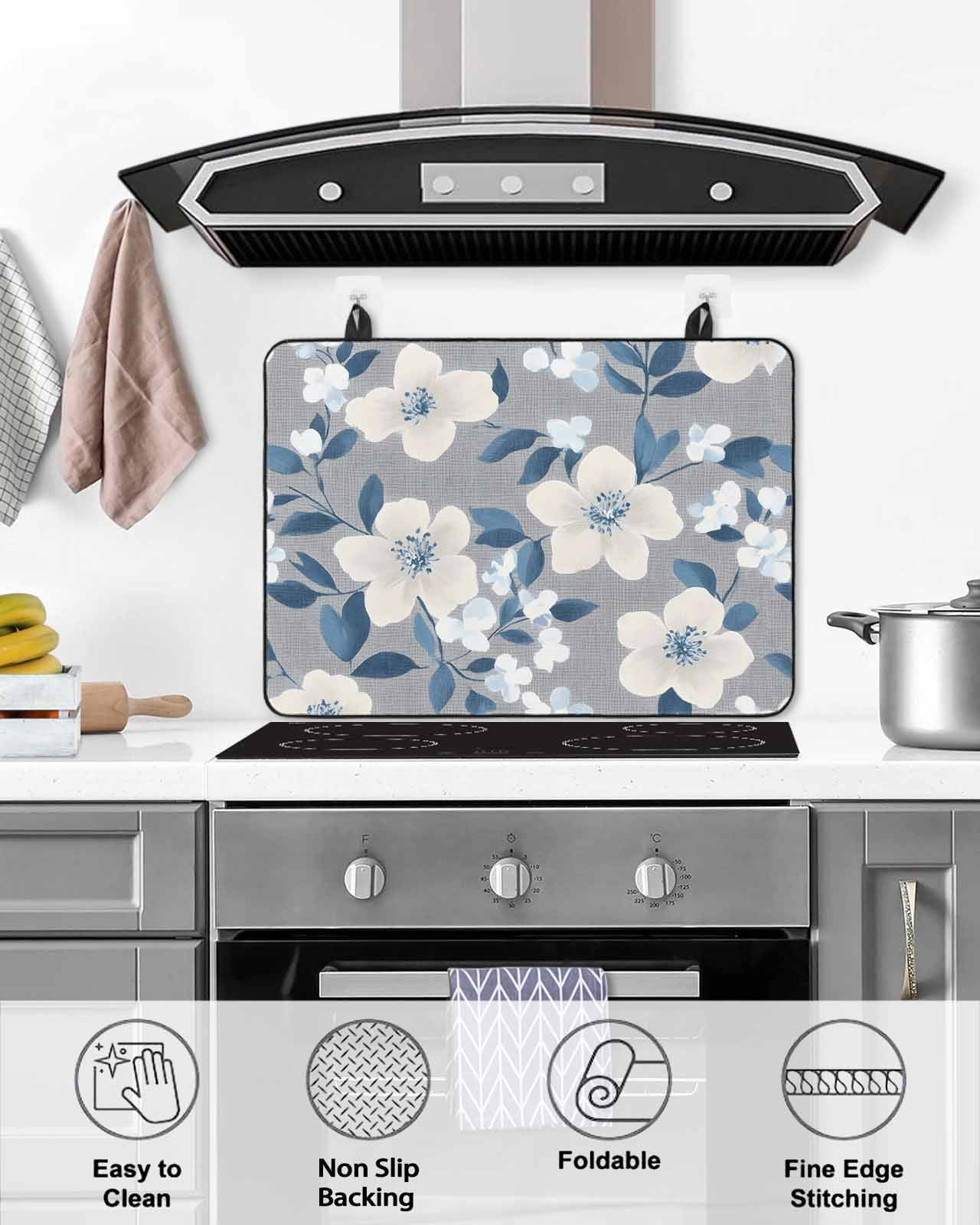 nqOlkjepod Large Induction Cooktop Protector Mat 36"x21", White Floral Stove Top Covers for Electric Stove, Vintage Pastoral Botanical Flowers Stove Burner Cover Mats, Glass Top Stove Cover