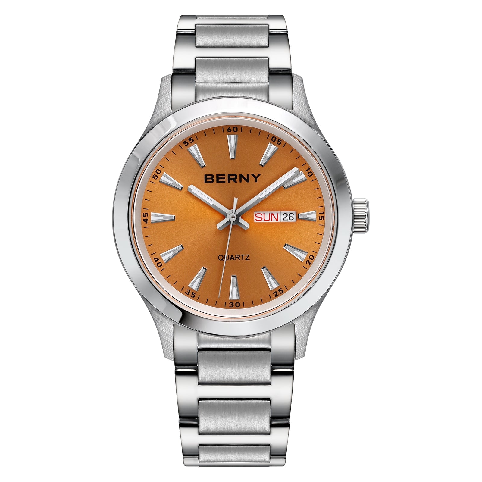 BERNY Quartz Watch for Men, Fashion Sports Wrist Watches with Solid Stainlesss Steel Case & Band, Date & Day Calendar, Casual Waterproof Men's Watches, Orange