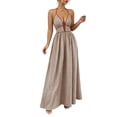 thumbnail image 2 of Women's Striped Halter Maxi Dress Backless Smocked Beach Vacation Boho Dress Khaki S, 2 of 9