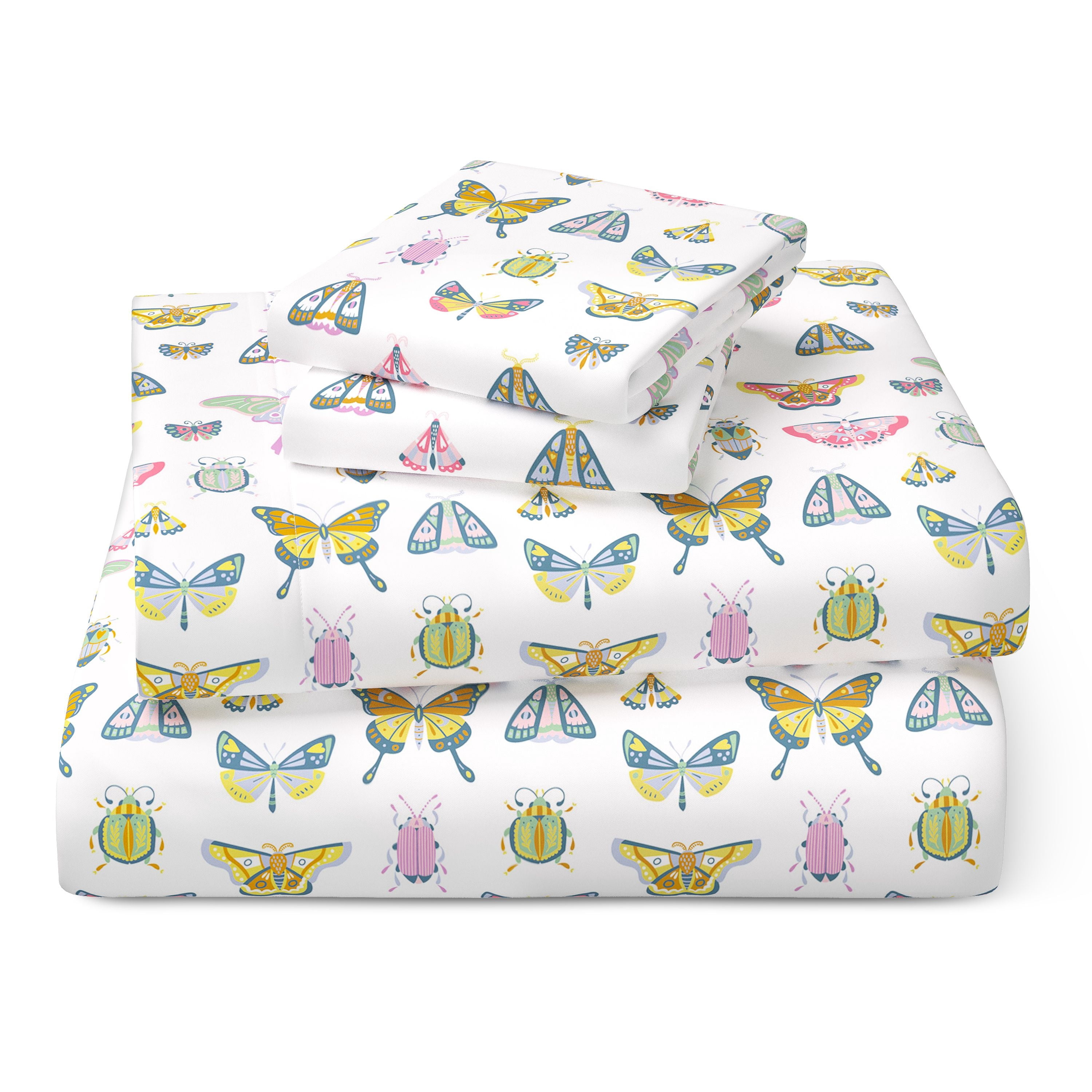 Mainstays Kids Microfiber Bed Sheet Set, Queen, Butterfly, 4 Pieces