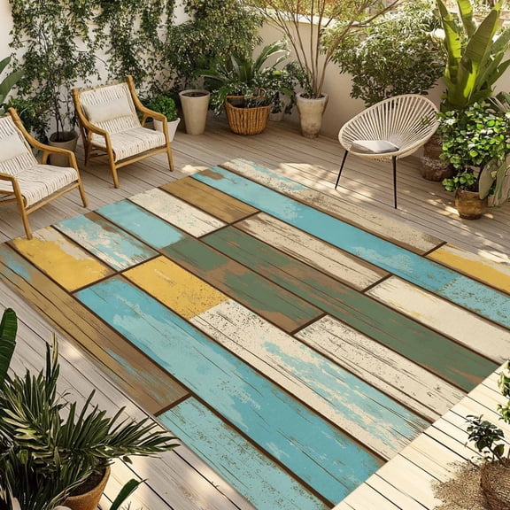 Brown Blue Vintage Outdoor Rug for Patio/Deck/Porch, Non-Slip Large Area Rug 4 x 6 Ft, Retro Farmhouse Elegant Pastoral Indoor Outdoor Rugs Washable Area Rugs, Reversible Camping Rug Carpet Runner