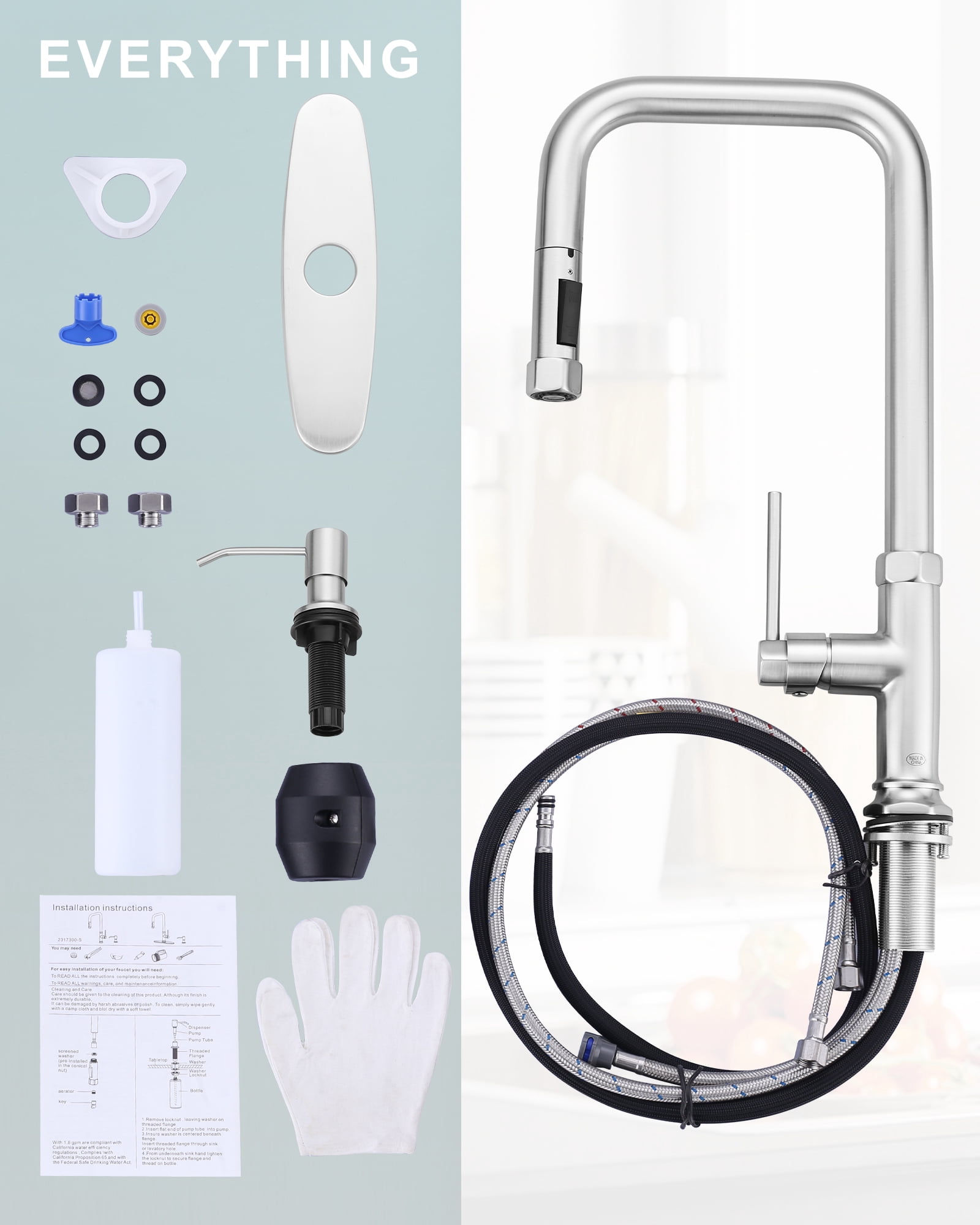 WOWOW Single-Handle Pull Down Sprayer Kitchen Faucet with Pull Out Spray Wand and Soap Dispenser in Brushed Nickel