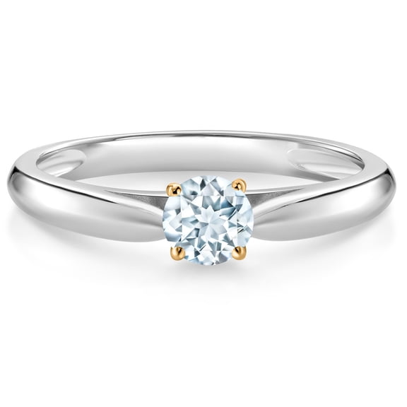 Gem Stone King 10K White and Yellow Gold Sky Blue Aquamarine Solitaire Engagement Ring for Women (0.25 Cttw, Gemstone March Birthstone, Round 4MM, Size 6)