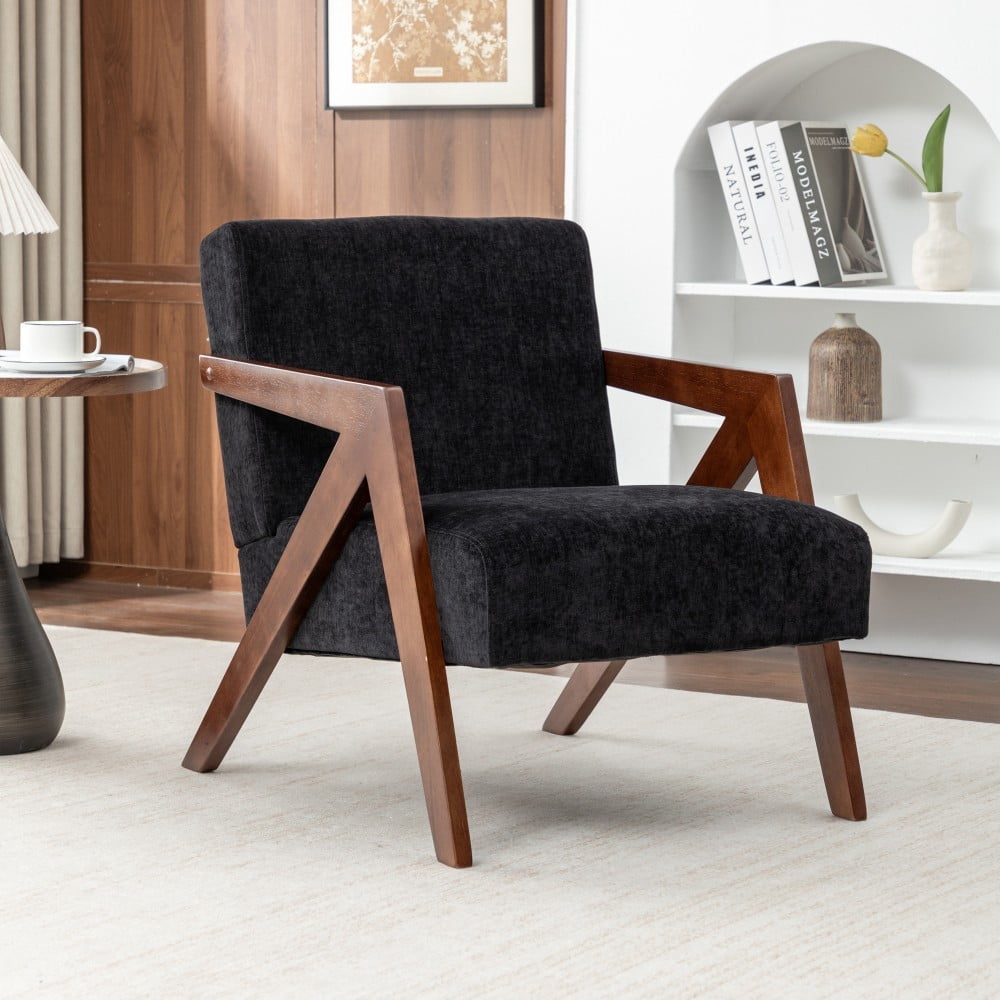 Mid Century Modern Accent Chair, Upholstered Reading Armchair with Rubber Wood Frame, Soft Fabric, Curved Arms for Living Room, Bedroom & Office, Black