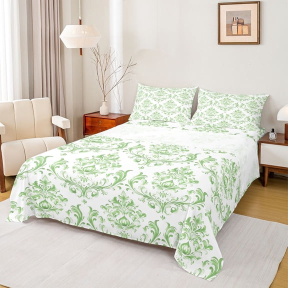 Homewish Women Fashion Damask Full Size Sheets, Western Bohemian Style Bed Sheets, Green Mandala Floral Sheet Sets, Breathable Home Decor, 4pcs