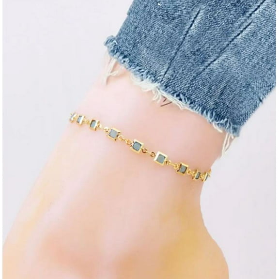 18K Gold Plated Light Blue Crystal Square Ankle Bracelet