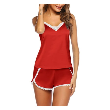 beishanbush Up To 50% Off Intimates Under $5 Women Sexy-Underwear Sleepwear Satin Silk Babydoll Lace Up Nightwear Pajamas Set