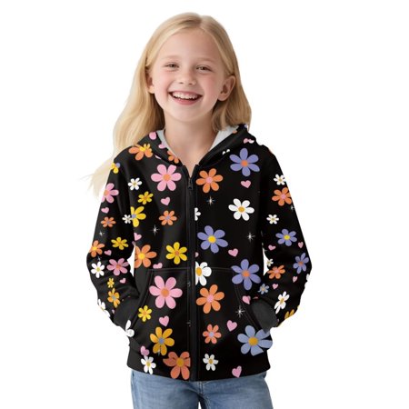 FUIALDOLG Girls Winter Jacket Colorful Floral Print Hoodies Kids Full Zip Hoodie Girls Jacket Warm Cozy Outwear Coat with Pockets Size L